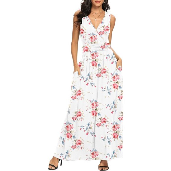 Women Flower White Deep V Neck Sleeveless Loose Plain Long Maxi Stretchy Dress - Picture 2 of 5